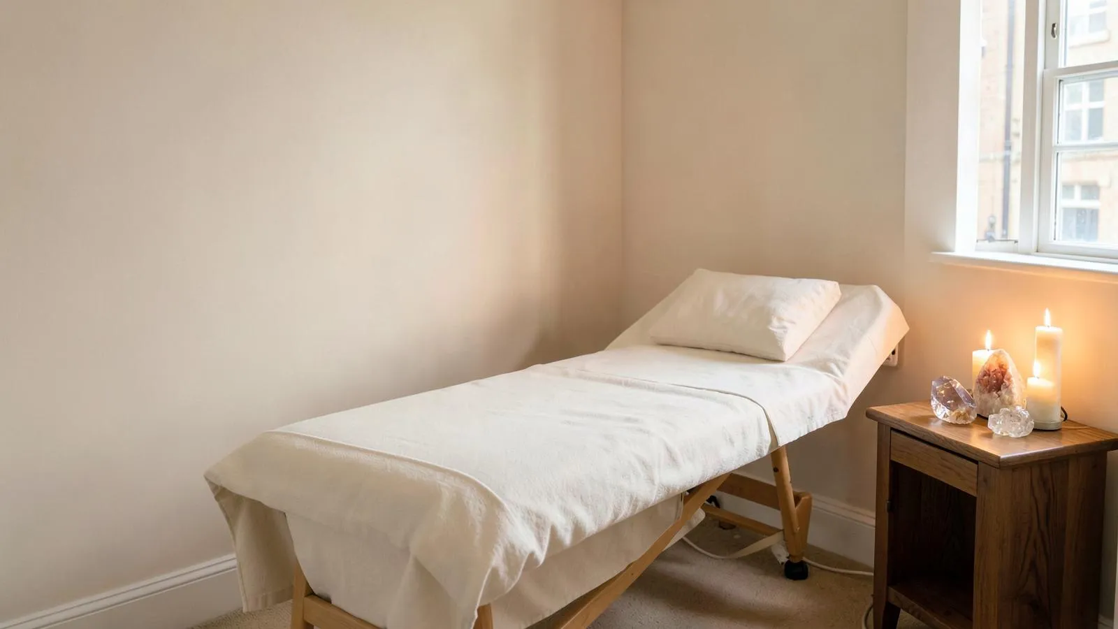 Calm treatment room prepared for chakra balancing at London Natural Health Centre, Holborn