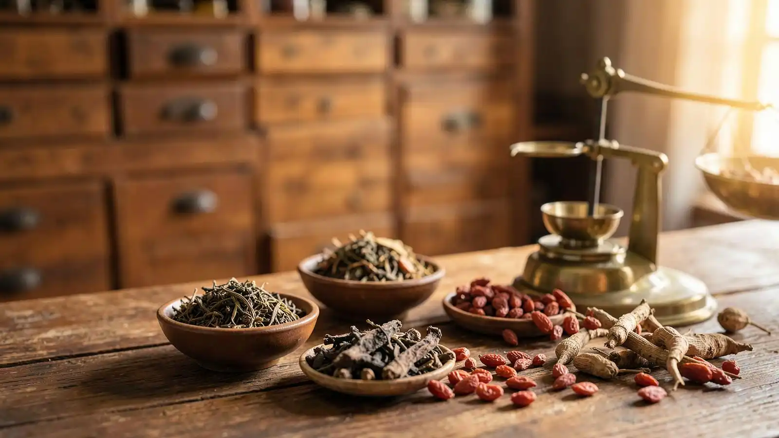 Dried herbs and traditional scales used in Chinese herbal medicine at London Natural Health Centre, Holborn