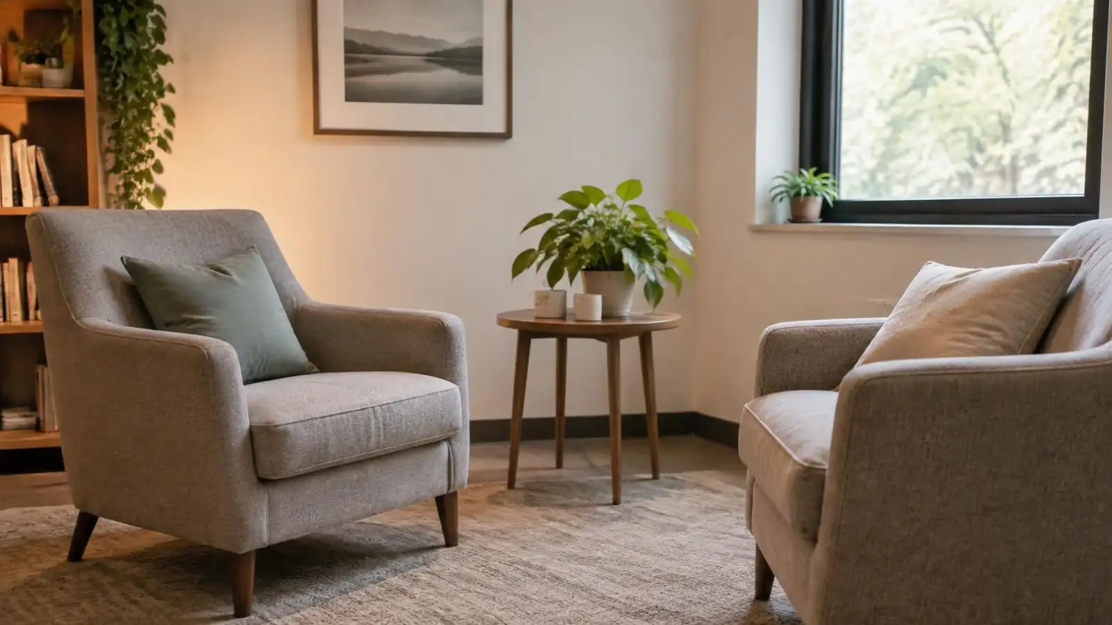 Two armchairs in a couples counselling room at London Natural Health Centre, Holborn