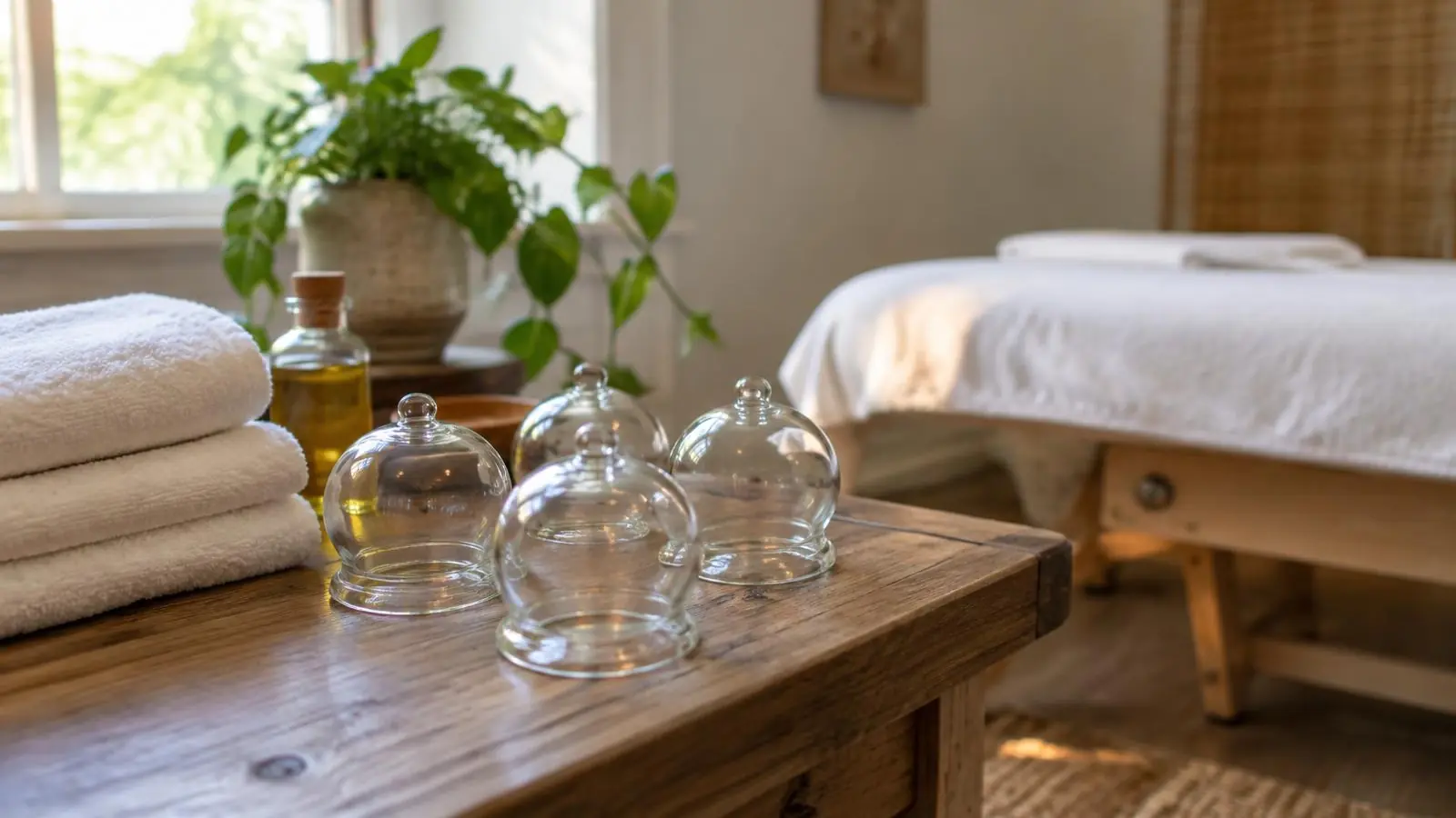 Glass cupping cups in a treatment room at London Natural Health Centre, Holborn