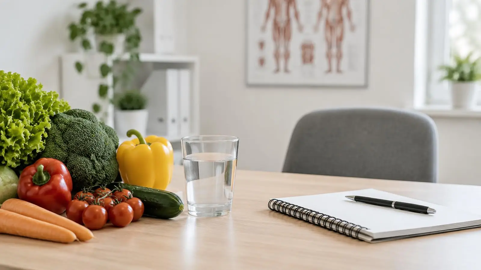 Fresh vegetables and consultation notes in a clinic room at London Natural Health Centre, Holborn