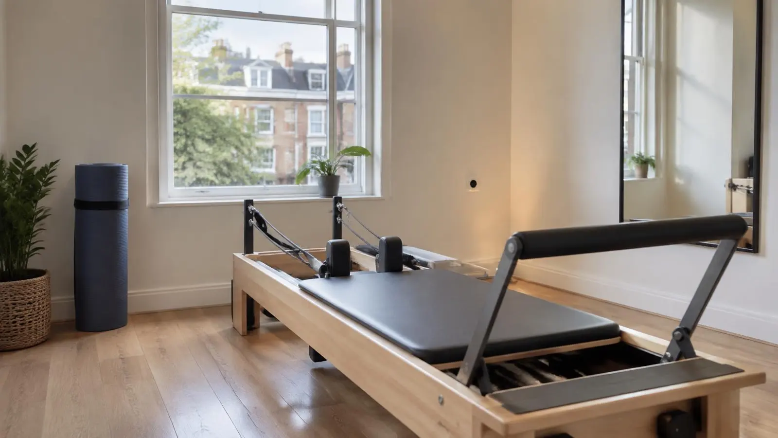 Quiet studio room with a Pilates reformer and mat at a Holborn clinic