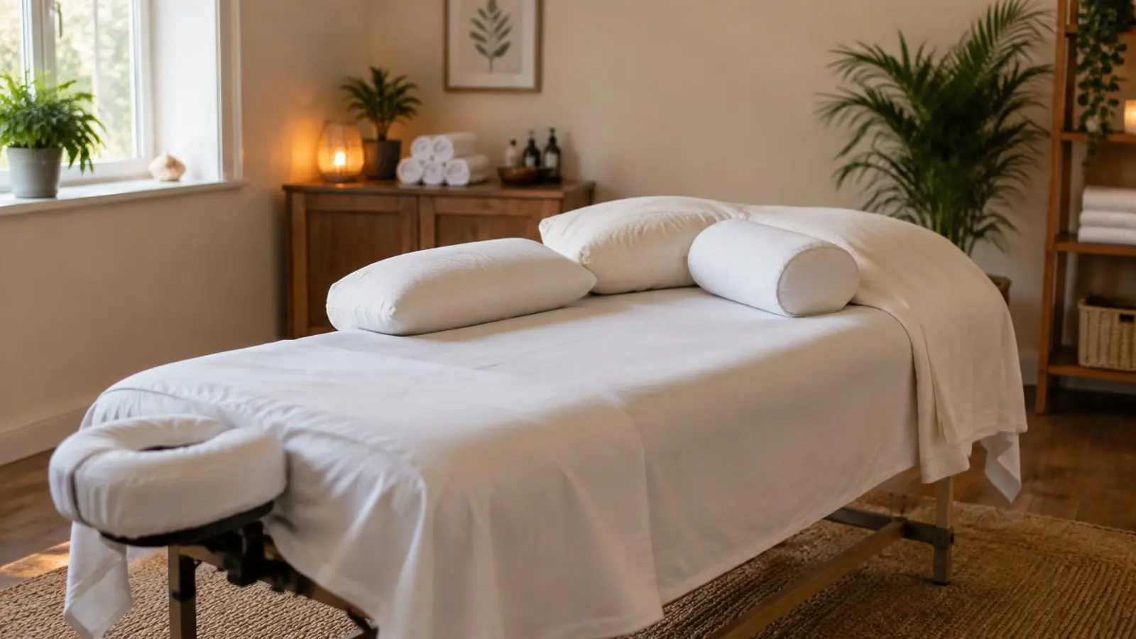 A treatment couch prepared with side lying support for pregnancy massage at London Natural Health Centre, Holborn